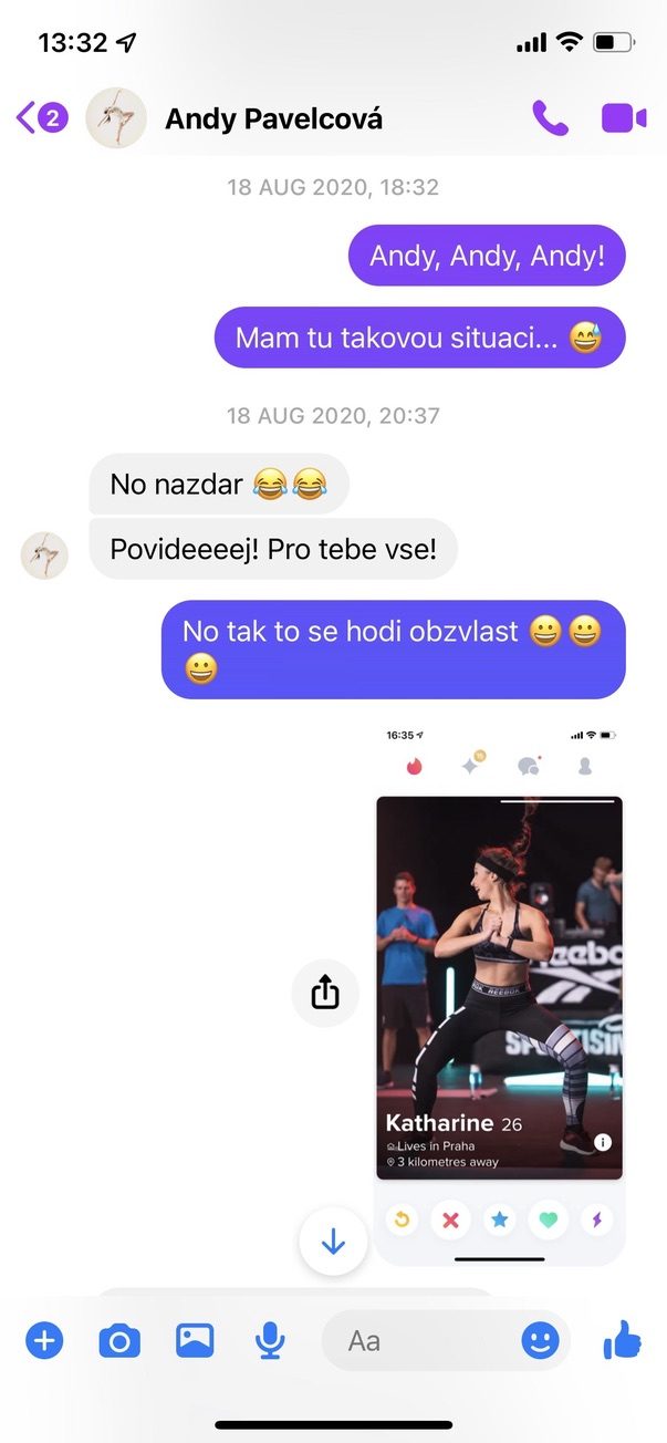 Screenshot zprávy pro Andy se screenshotem Katyina profilu
